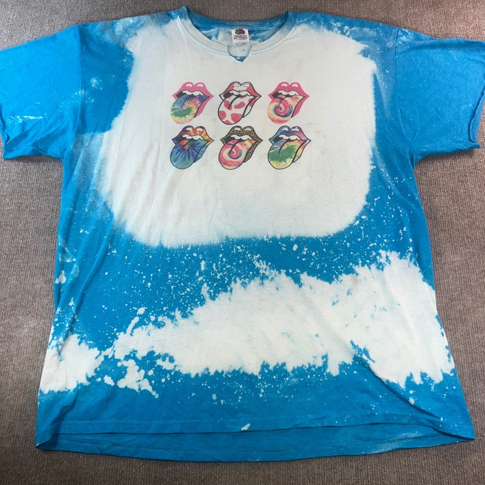 Rolling Stones Bleached Graphic T-Shirt XL Blue Tie Dye Tongue Lips Rock Tee